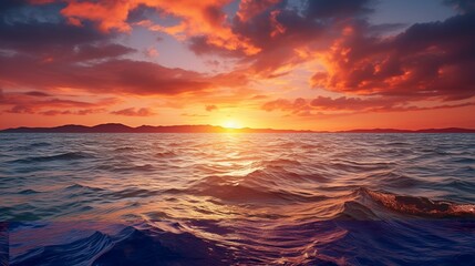 Wide panorama of beautiful sunset over calm sea. - obrazy, fototapety, plakaty