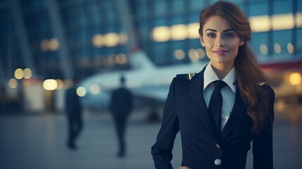 Smiling stewardess on runway near airplane jet. blur of modern passenger plane.cropped image of woman with crossed arms wear uniform and glasses. civil commercial aviation. air travel concept - obrazy, fototapety, plakaty