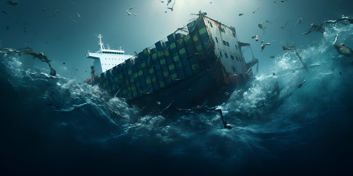 ship wreck in the sea, Cruise ship going under water, under water attacking a ship,  Generative AI