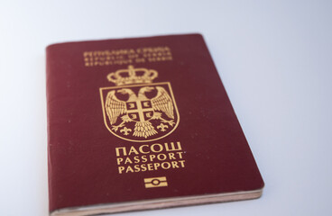 Serbian passport isolated on a white background. Flat lay.
