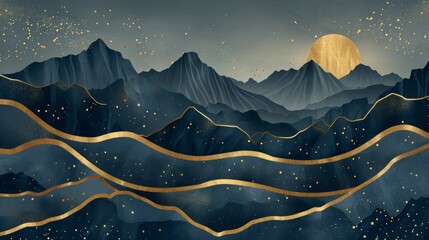 Luxurious mountain line art background with gold accents for cover design. Elegant wallpaper, mountains, sun, moon. Gold lines, texture