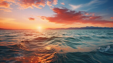 Calm sea with sunset sky and sun through clouds above. Meditation sea and sky background. - obrazy, fototapety, plakaty