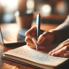 Close-up of a woman writing on a notebook.