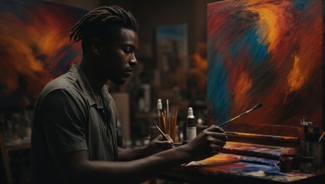Artistic studio. Serious skilled man holding a brush while paining a beautiful picture in his studio
