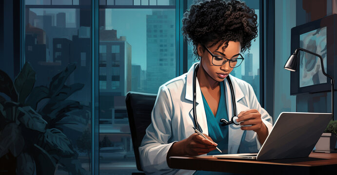 Professional Female Doctor Working Late in Office with Cityscape