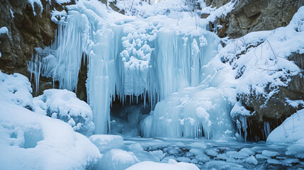 A frozen waterfall with icicles and snow surrounding the cascading water.