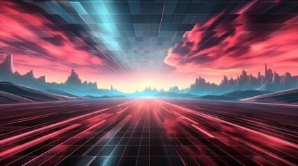 Fototapeta na wymiar Retro color, Retro Sci-Fi Background Futuristic Grid landscape of the 80s. Digital Cyber Surface on sky. Crtoon style.