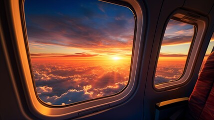 Beautiful scenery of sunset through the window airplane.