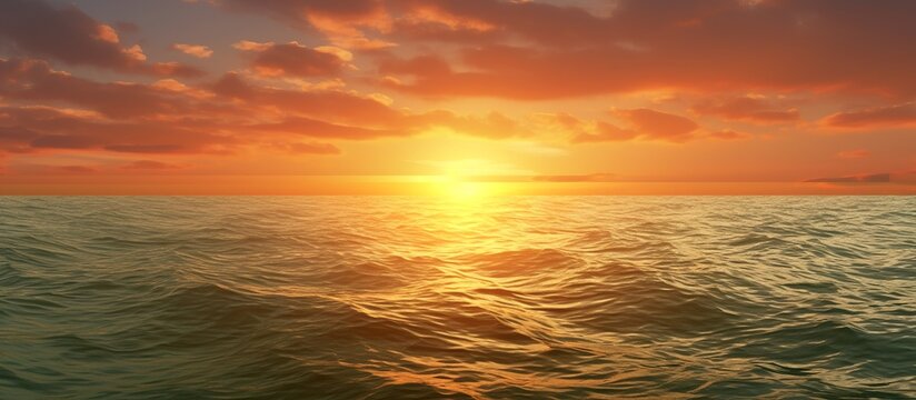 Calm sea with sunset sky and sun through clouds above. Meditation sea and sky background.