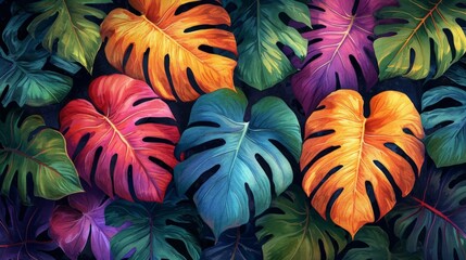 Watercolor Monstera Leaf. Cute watercolor Philodendron tropical leaves. Banner, wallpaper, green background, exotic tropical wall, abstract floral pattern, illustration.