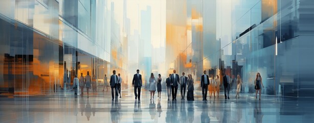 Dynamic image of silhouettes of businesspeople walking inside a contemporary office with reflective surfaces. - obrazy, fototapety, plakaty