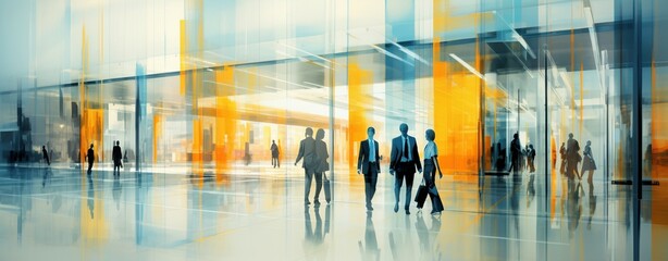 Dynamic image of silhouettes of businesspeople walking inside a contemporary office with reflective surfaces.