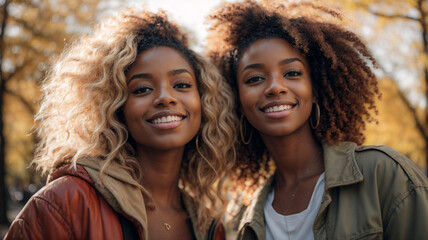 Fototapeta premium Multiracial female friends taking selfie with smart mobile phone outside in a park, Happy young people smiling at camera on city street, Youth community concept with women hanging out on sunny day 