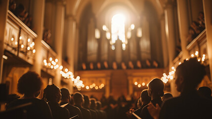 A gospel choir singing soulfully in a historic church accompanied by an organ and clapping.