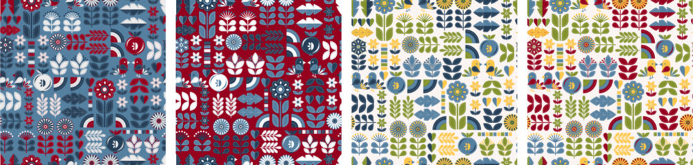 Nordic pattern wiht leaves  flowers and geometric elements - obrazy, fototapety, plakaty