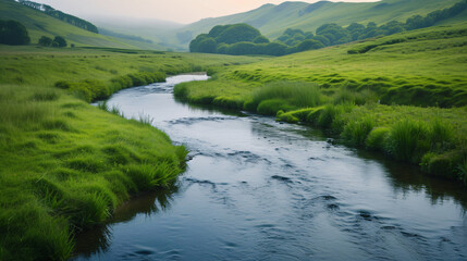 Fototapeta na wymiar A gently flowing river winding through a verdant valley with reflections of the surrounding hills.