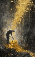 man digging into an earth pit and pouring gold, in the style of detailed graphite sketches, gold Rush