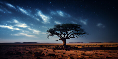 Fototapeta na wymiar tree in the desert, A tree with the milky way in the background, Desert Night, Generative AI