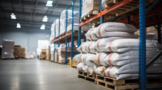 Hangar warehouse with big white polyethylene bags of industrial and logistics companies. Warehousing on floor