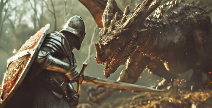 Tense moment as a brave armored medieval knight faces off against a giant mythical dragon.