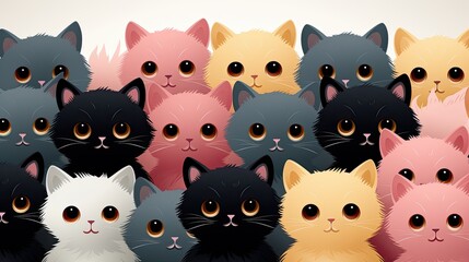 Cartoon cats pattern, art, illustration. Group photo of kittens. Postcard template or wallpaper with cats. Print with kittens for children's clothing, stationery, books, posters. Funny kittens drawing