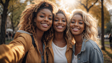Multiracial female friends taking selfie with smart mobile phone outside in a park, Happy young...
