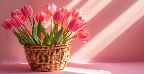 pink tulips in a wicker basket on a pink wall in