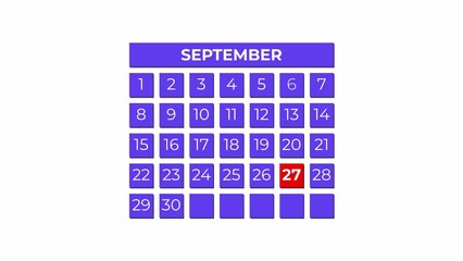 27th September calendar icon animation. Alpha matte with transparent background 4K resolution.
