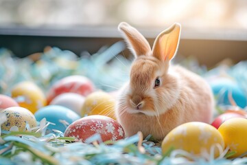 colourful eggs with cute rabbit