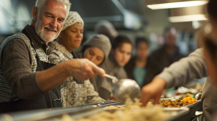 A group of volunteers serving food at a homeless shelter.