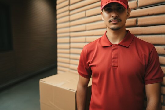 Delivery man in red shirt with box, ready to deliver at doorstep.