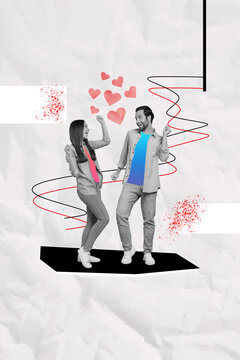 Vertical creative poster photo collage dancing young couple celebrate valentine lovers day having fun clubbers joyful party