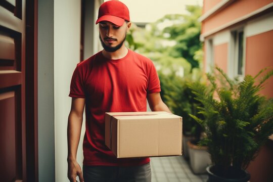 Delivery man in red shirt with box, ready to deliver at doorstep.