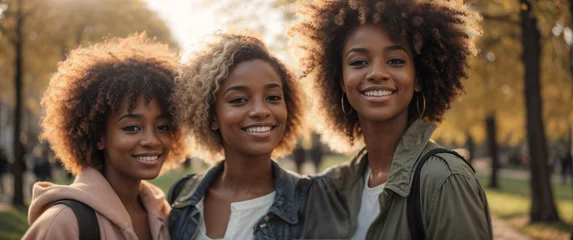 Poster Multiracial female friends taking selfie with smart mobile phone outside in a park, Happy young people smiling at camera on city street, Youth community concept with women hanging out on sunny day  © anandart