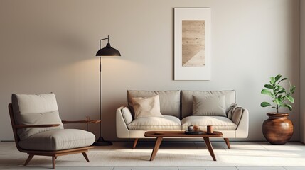Stylish vintage furniture in a spacious flat interior with beige sofa chairs and posters on the wall