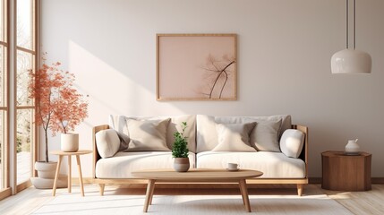 Stylish vintage furniture in a spacious flat interior with beige sofa chairs and posters on the wall
