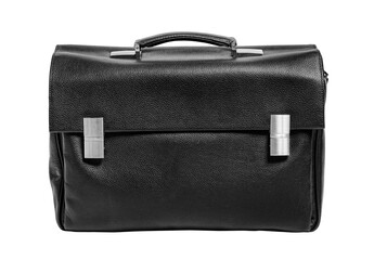 Black leather briefcase. Transparent PNG