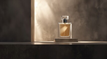 Modern perfume bottle illuminated by a soft light on a sleek metallic stand