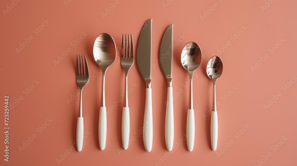 Poster a set of five forks, spoons, and knives on a pink background with a white stripe on the end of the f