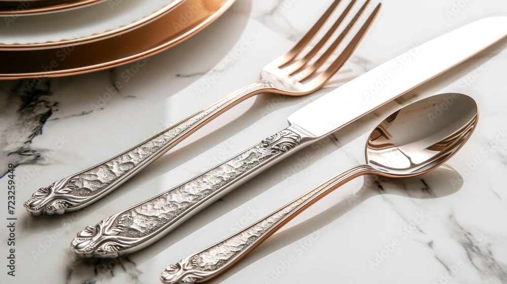 Poster a couple of silverware sitting on top of a table next to a fork and a knife and a knife rest on top 