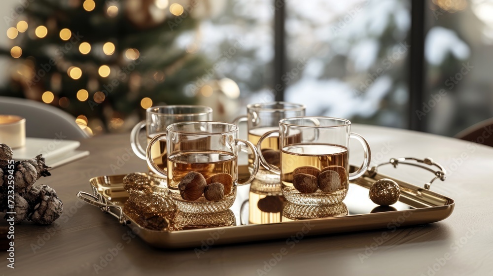 Poster a tray with glasses of tea on a table with a christmas tree in the background and a tray with cookie