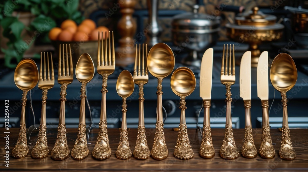 Poster a group of gold colored spoons and forks lined up in a row on a table with other gold colored spoons