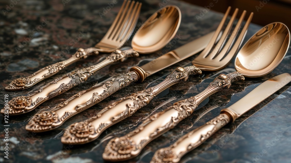 Poster a close up of a bunch of forks and spoons on a table with a marble table top and a black marble tabl