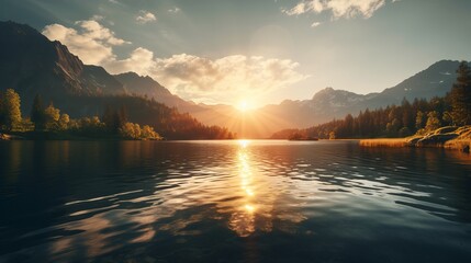 Sun shinning through the mountains and the lake - obrazy, fototapety, plakaty
