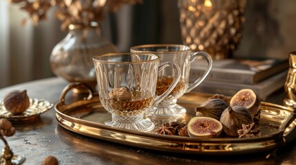  a couple of cups sitting on top of a table next to a plate with figs on top of it and a few other pieces of fruit on top of the table.
