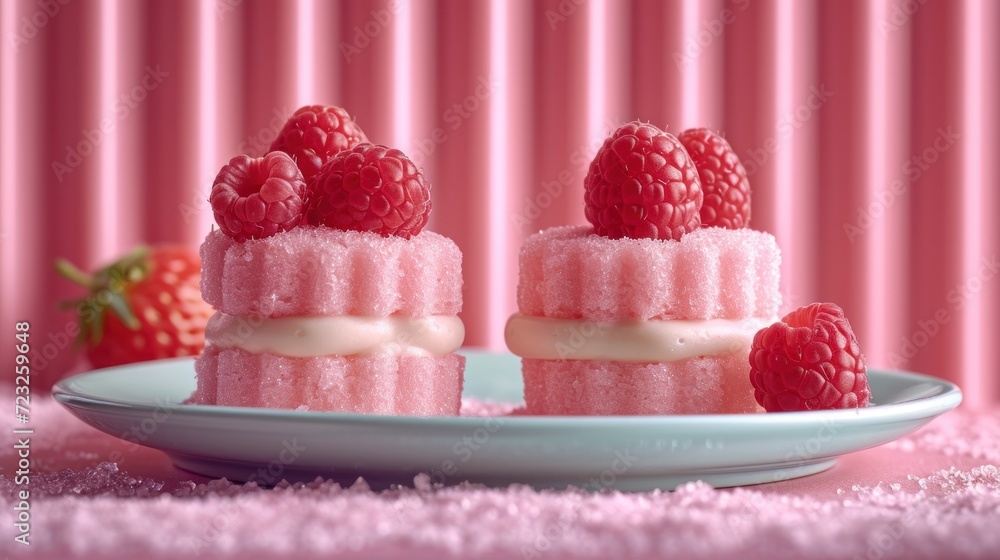Aufkleber a plate of raspberry shortcakes with icing and strawberries on a pink tablecloth with a pink curtain