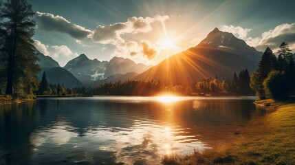Sun shinning through the mountains and the lake - obrazy, fototapety, plakaty