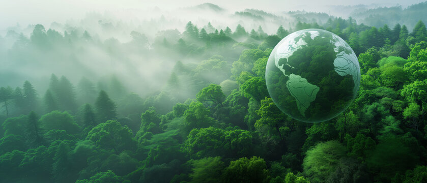 A panoramic of a planet earth hovering serenely over a sprawling againts the blue sky, ecosystem and healthy environment concept, earth day, save the world