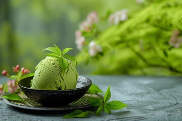 美しい日本風の背景と抹茶アイスクリームのイメージ（緑茶・茶道・庭園） - obrazy, fototapety, plakaty