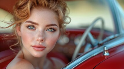  a woman with blue eyes sitting in a red car with her hair blowing in the wind and looking at the camera with a serious look on her face and cheek.